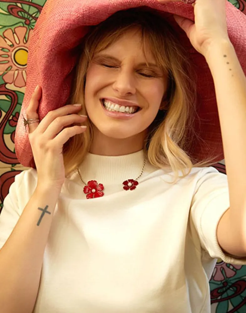 Pearl Chokers|Majorica Adjustable Santorini Red Flower Choker In Silver