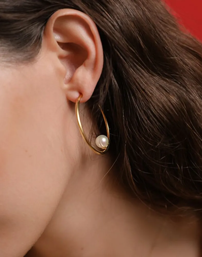 Pearl Hoop Earrings|Majorica Alba Hoop Earrings Gold Plated