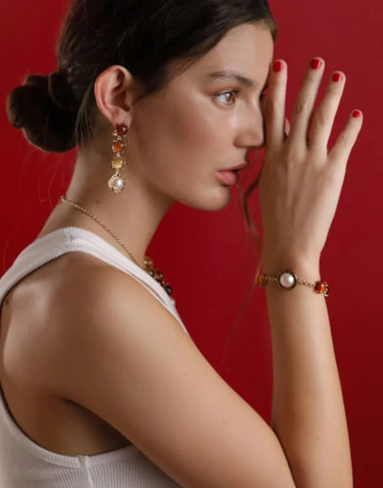 Pearl Drop Earrings|Majorica Algaida Button Golden Earrings With Amber Murano Glass