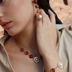 Pearl Drop Earrings|Majorica Algaida Button Golden Earrings With Amber Murano Glass