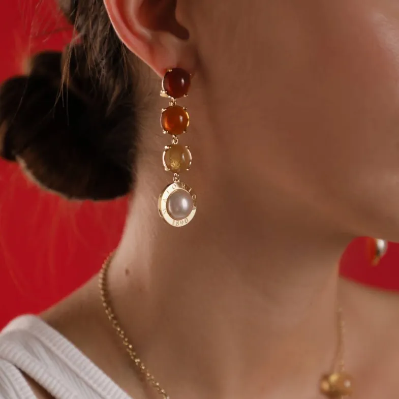 Pearl Drop Earrings|Majorica Algaida Button Golden Earrings With Amber Murano Glass