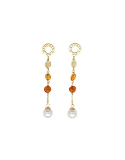 Pearl Drop Earrings|Majorica Algaida Golden Long Earrings With Pearl And Amber Murano Glass