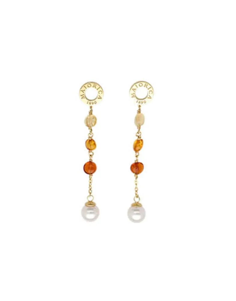 Pearl Drop Earrings|Majorica Algaida Golden Long Earrings With Pearl And Amber Murano Glass