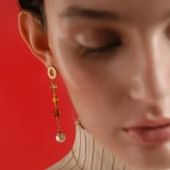 Pearl Drop Earrings|Majorica Algaida Golden Long Earrings With Pearl And Amber Murano Glass