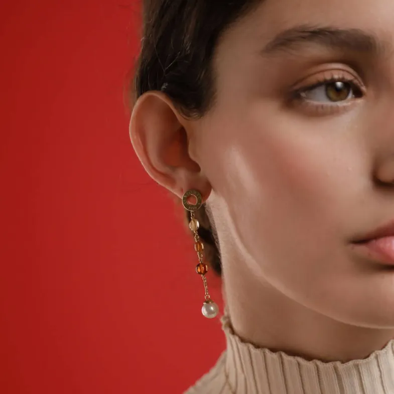 Pearl Drop Earrings|Majorica Algaida Golden Long Earrings With Pearl And Amber Murano Glass