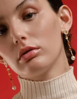 Pearl Drop Earrings|Majorica Algaida Golden Long Earrings With Pearl And Amber Murano Glass