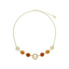 Pearl Chain Necklaces|Majorica Algaida Golden Necklace With Half-Ball Pearl And Amber Murano Glass