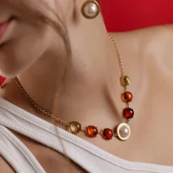 Pearl Chain Necklaces|Majorica Algaida Golden Necklace With Half-Ball Pearl And Amber Murano Glass