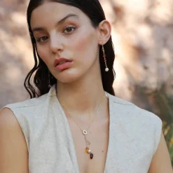Pearl Chain Necklaces|Majorica Algaida Golden Short Necklace With Amber Murano Glass