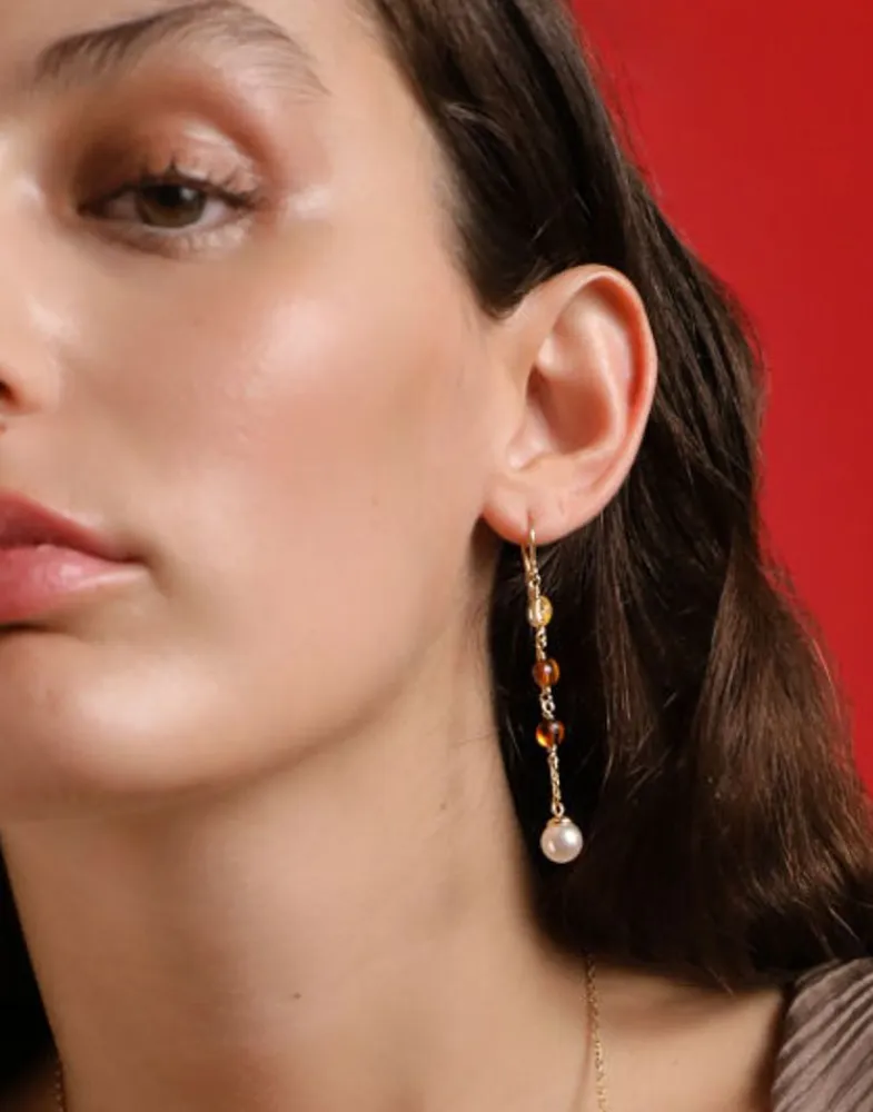 Pearl Drop Earrings|Majorica Algaida Long Fish Wire Earrings, Golden And Amber