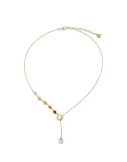 Pearl Chain Necklaces|Majorica Algaida Short Necklace Golden With Pearl And Amber Murano Glass