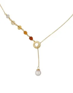 Pearl Chain Necklaces|Majorica Algaida Short Necklace Golden With Pearl And Amber Murano Glass