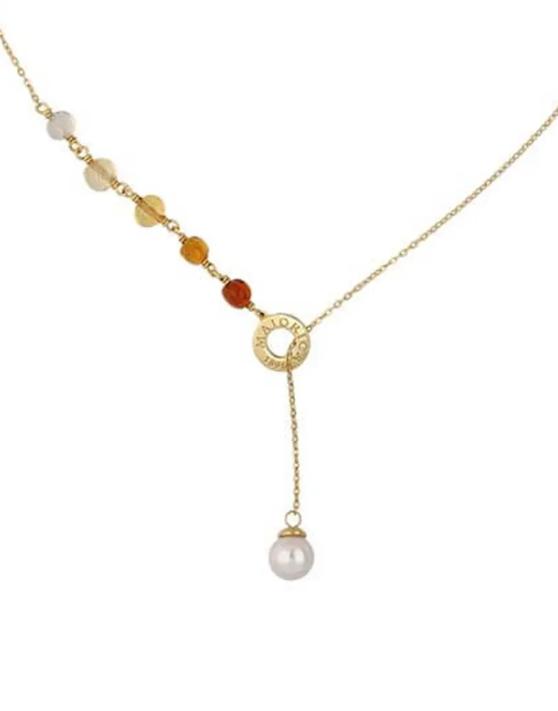 Pearl Chain Necklaces|Majorica Algaida Short Necklace Golden With Pearl And Amber Murano Glass