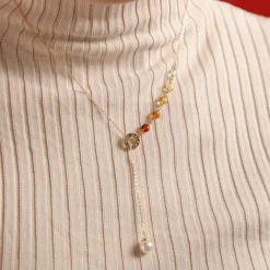 Pearl Chain Necklaces|Majorica Algaida Short Necklace Golden With Pearl And Amber Murano Glass