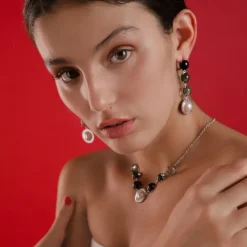 Pearl Drop Earrings|Majorica Algaida Silver Button Earrings With Black Murano Glass