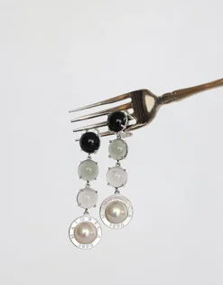 Pearl Drop Earrings|Majorica Algaida Silver Button Earrings With Black Murano Glass