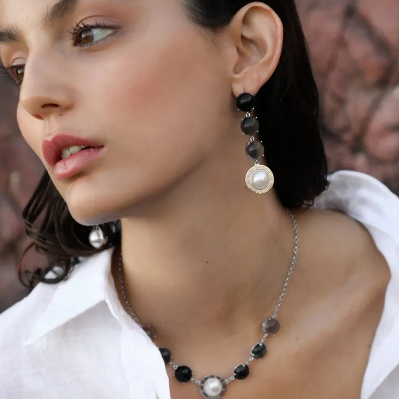 Pearl Drop Earrings|Majorica Algaida Silver Button Earrings With Black Murano Glass