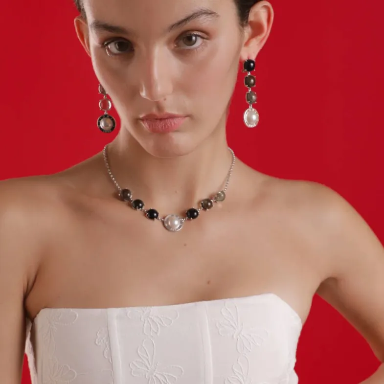 Pearl Drop Earrings|Majorica Algaida Silver Button Earrings With Black Murano Glass