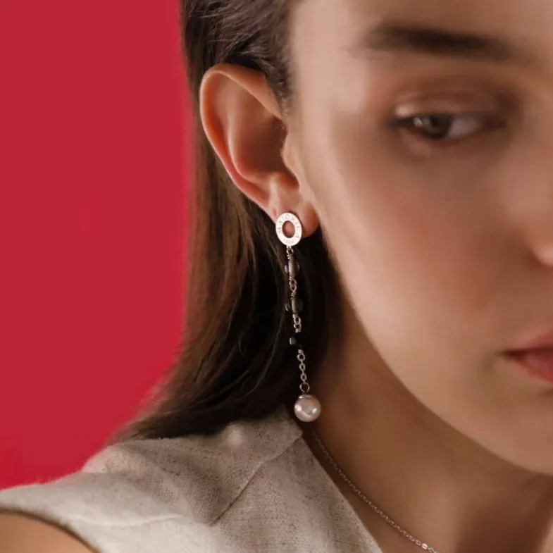 Pearl Drop Earrings|Majorica Algaida Silver Long Earrings With Pearl And Black Murano Glass