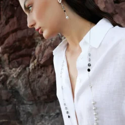 Pearl Drop Earrings|Majorica Algaida Silver Long Earrings With Pearl And Black Murano Glass
