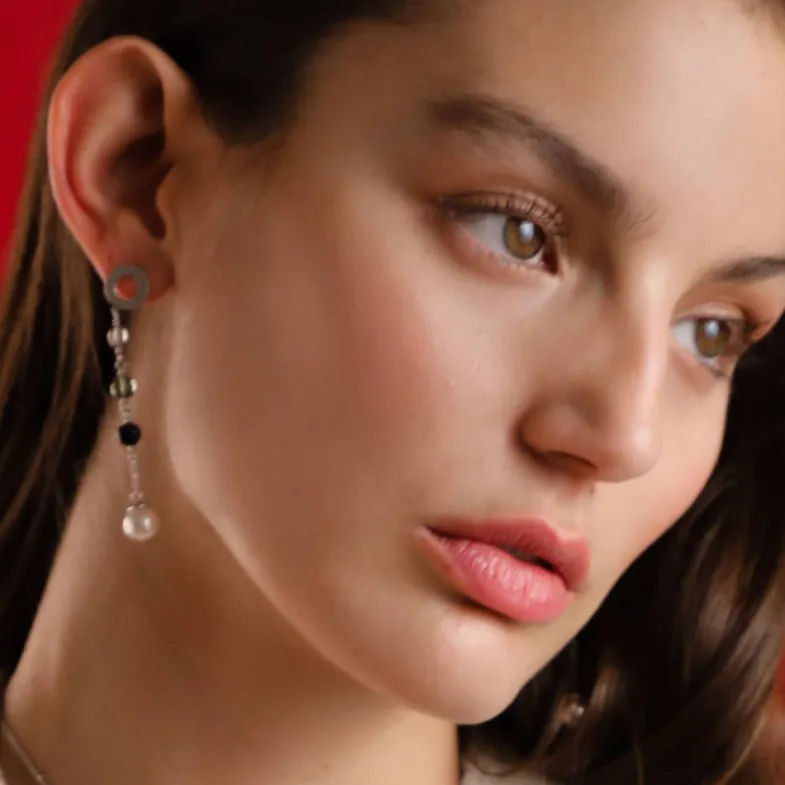 Pearl Drop Earrings|Majorica Algaida Silver Long Earrings With Pearl And Black Murano Glass