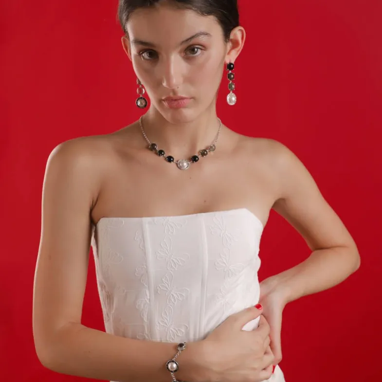 Pearl Chain Necklaces|Majorica Algaida Silver Necklace With Half-Ball Pearl And Black Murano Glass