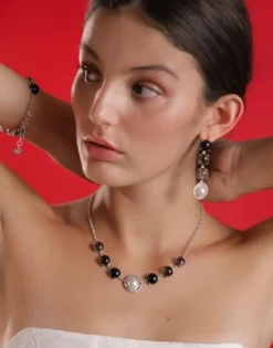 Pearl Chain Necklaces|Majorica Algaida Silver Necklace With Half-Ball Pearl And Black Murano Glass
