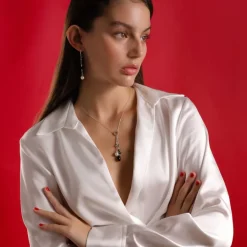 Pearl Chain Necklaces|Majorica Algaida Silver Short Necklace With Black Murano Glass