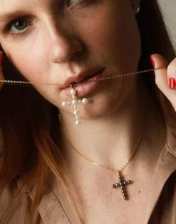 Pendant Chain|Majorica Crosses Collection Gold Pendant With Gray Pearl