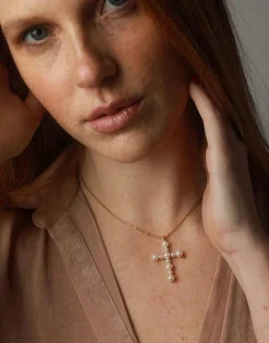 Pendant Chain|Majorica Crosses Collection Gold Pendant With White Pearl