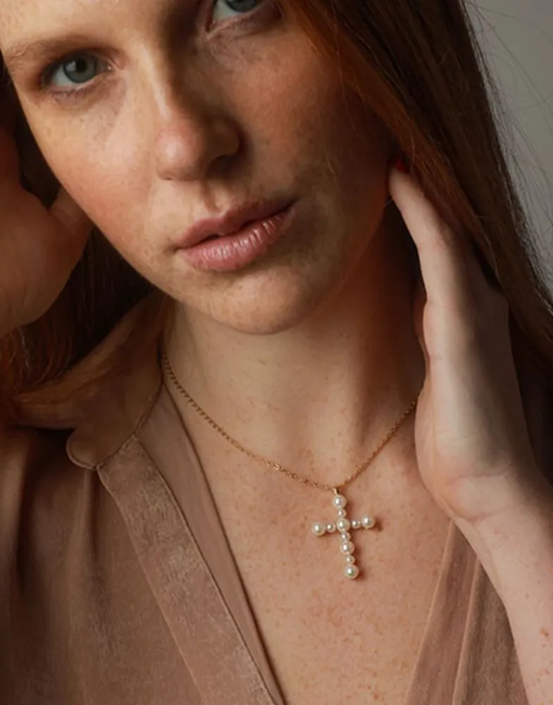 Pendant Chain|Majorica Crosses Collection Gold Pendant With White Pearl