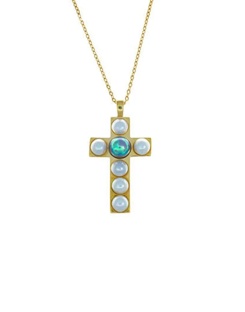 Pendant Chain|Majorica Crosses Collection Gold Pendant With White And Gray Half-Pearl