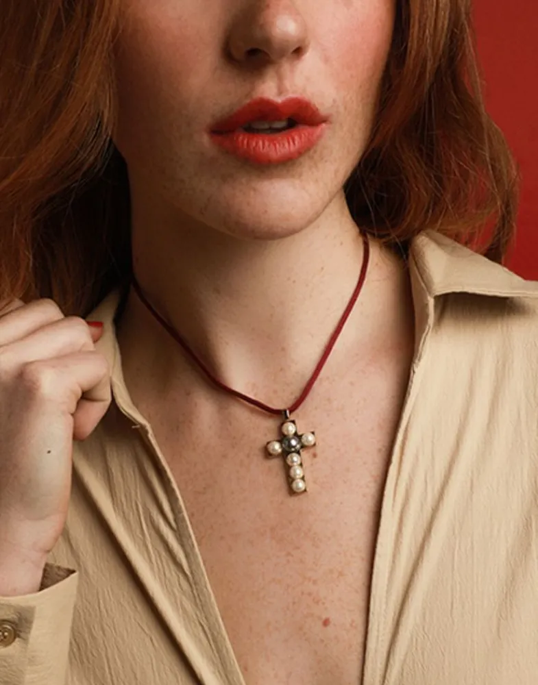 Pendant Chain|Majorica Crosses Collection Gold Pendant With White And Gray Half-Pearl