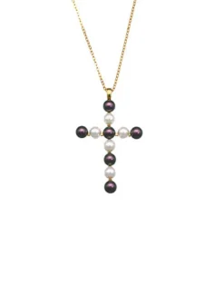 Pendant Chain|Majorica Crosses Collection Gold Pendant With White And Tahiti Pearl