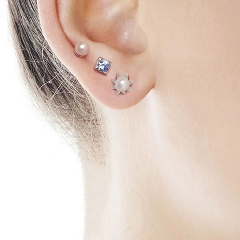 Short Earrings|Majorica Earrings Cies Silver Mini Flower With 4Mm White Pearl