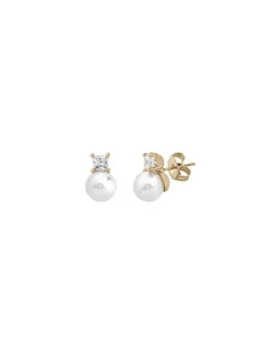 Tu & Yo Earrings|Majorica Earrings Selene Gold Plated With 8Mm White Pearl And Zircons