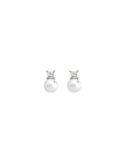 Tu & Yo Earrings|Majorica Earrings Selene Gold Plated With 8Mm White Pearl And Zircons