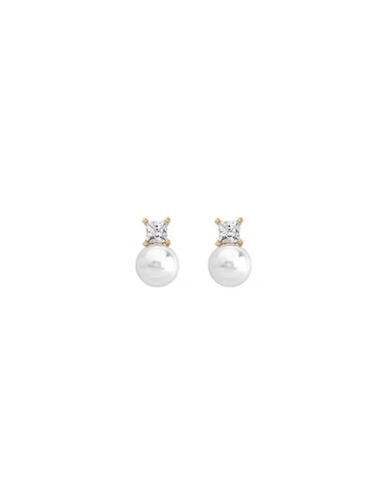 Tu & Yo Earrings|Majorica Earrings Selene Gold Plated With 8Mm White Pearl And Zircons