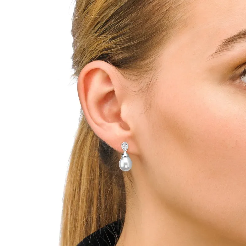 Tu & Yo Earrings|Majorica Earrings Selene Silver With 8Mm Tear White Pearl And Zircons