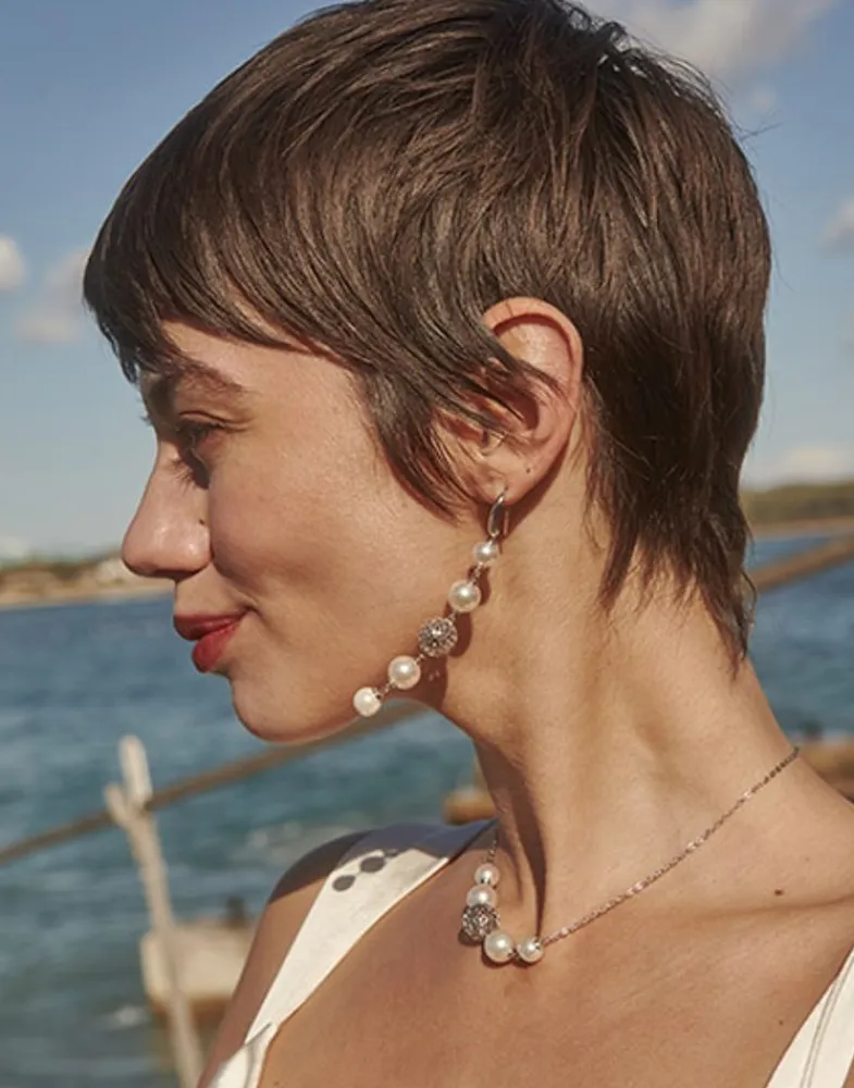 Pearl Drop Earrings|Majorica Eternal Earrings With Round Pearls And Cutwork Ball In Silver