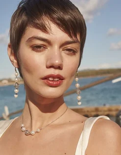 Pearl Drop Earrings|Majorica Eternal Earrings With Round Pearls And Cutwork Ball In Silver