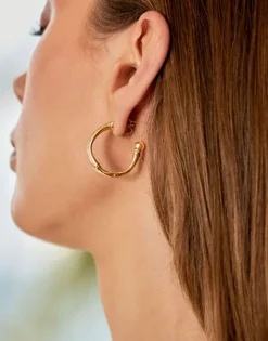 Pearl Hoop Earrings|Majorica Golden Bamboo Hoop Earrings With Champagne Pearls