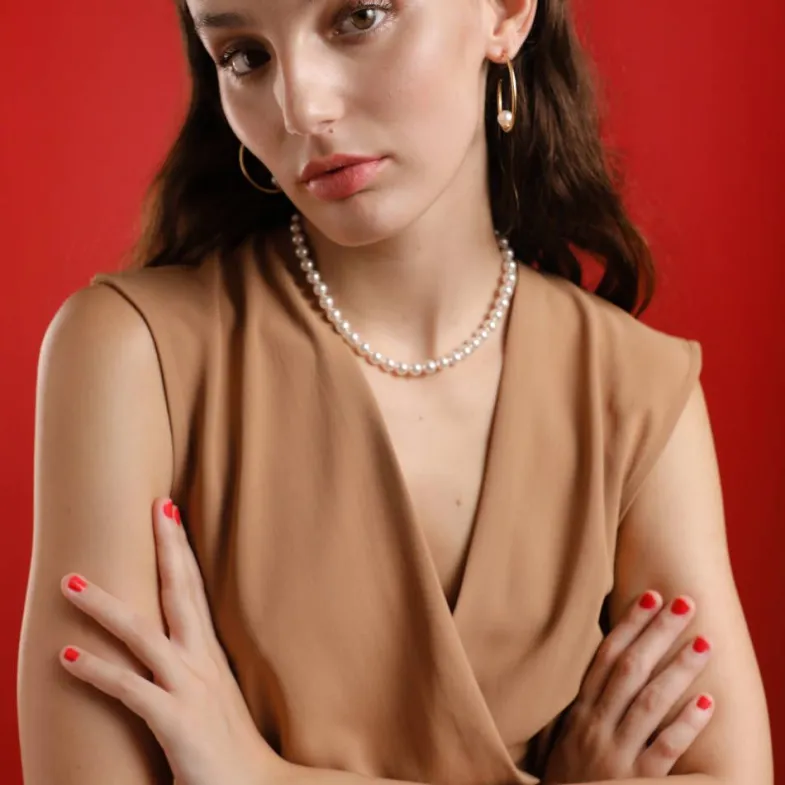 Long Pearl Necklaces|Majorica Golden Silver Necklace Lyra 7Mm 45Cm