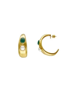 Pearl Hoop Earrings|Majorica Gold Feme Big Hoop Earrings With Pearls And Green Agates