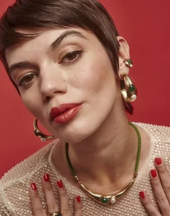 Pearl Hoop Earrings|Majorica Gold Feme Big Hoop Earrings With Pearls And Green Agates