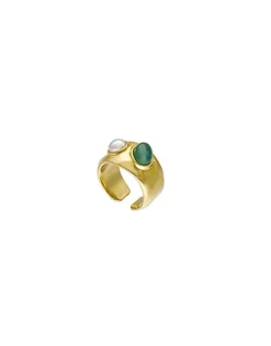 Medium-Sized Rings|Majorica Gold Feme Ring With White Pearl And Green Agate