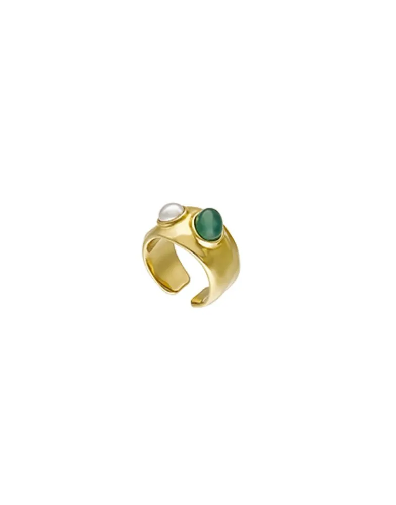 Medium-Sized Rings|Majorica Gold Feme Ring With White Pearl And Green Agate