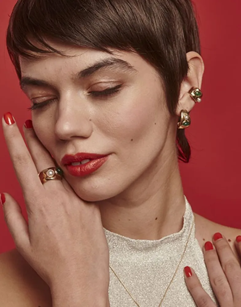 Medium-Sized Rings|Majorica Gold Feme Ring With White Pearl And Green Agate