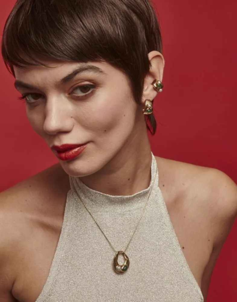 Pearl Hoop Earrings|Majorica Gold Feme Small Hoop Earrings With Pearls And Green Agates