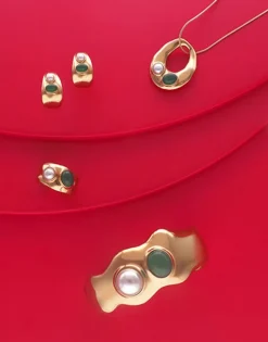 Pearl Hoop Earrings|Majorica Gold Feme Small Hoop Earrings With Pearls And Green Agates